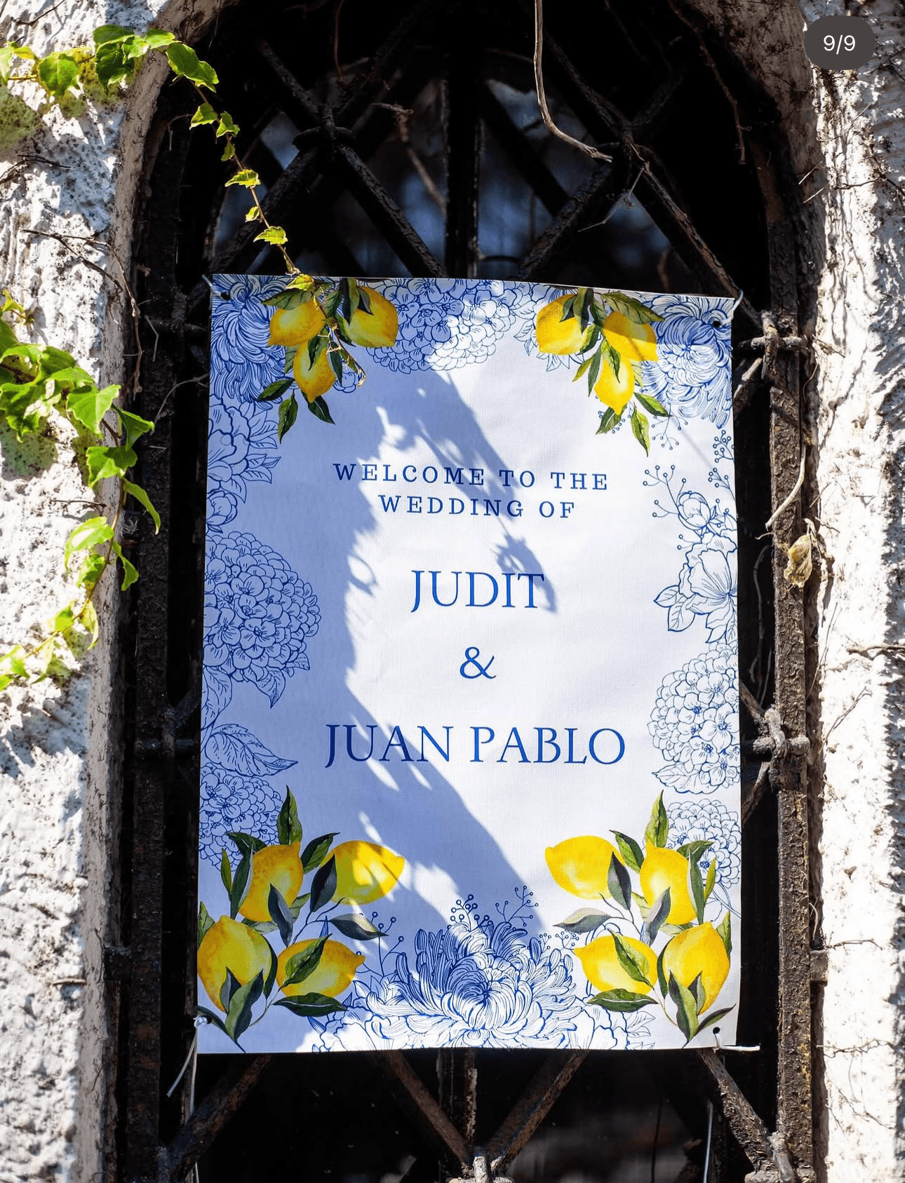 Hand-illustrated wedding welcome sign with lemons and blue florals hanging on a wrought-iron window
